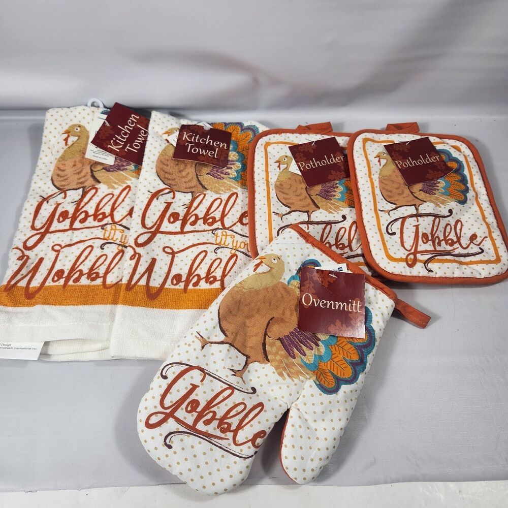 Turkey Gobble Fall Thanksgiving Orange Potholders Oven Mitts Kitchen Towels Lot